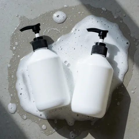 Two white bottles with black pump dispensers for neutral car wash soap placed on wet gray concrete with white foam under natural light