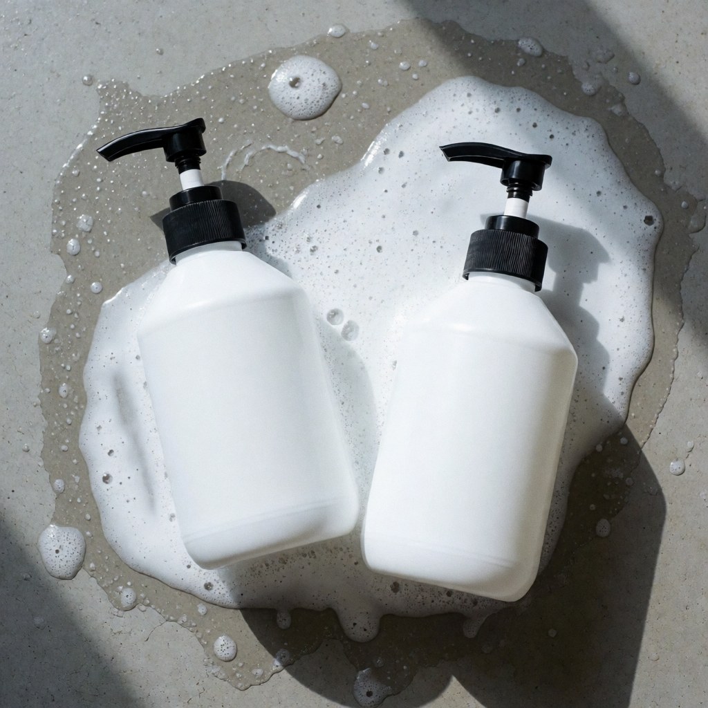 Two white bottles with black pump dispensers for neutral car wash soap placed on wet gray concrete with white foam under natural light