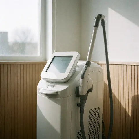 White laser hair removal device with digital panel and flexible arm in a room with wooden walls and natural light
