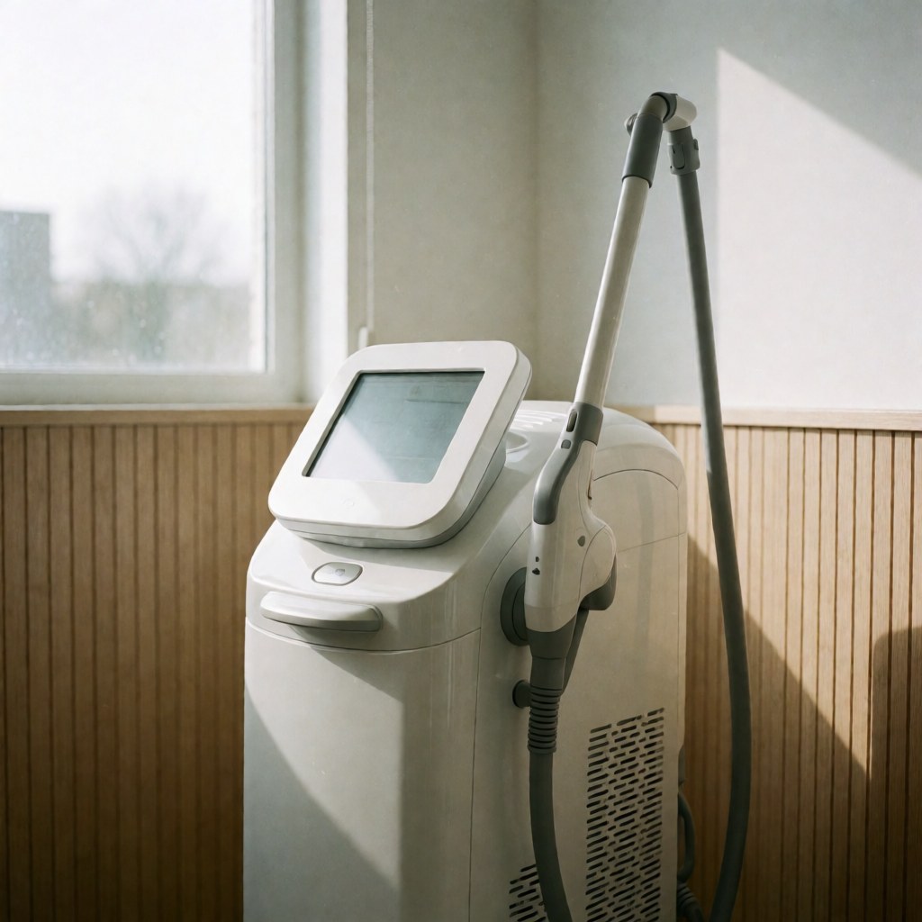 White laser hair removal device with digital panel and flexible arm in a room with wooden walls and natural light