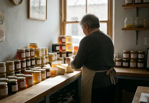 Back view of person arranging honey jars and cheese on wooden counter in rural lodging shop with natural window light