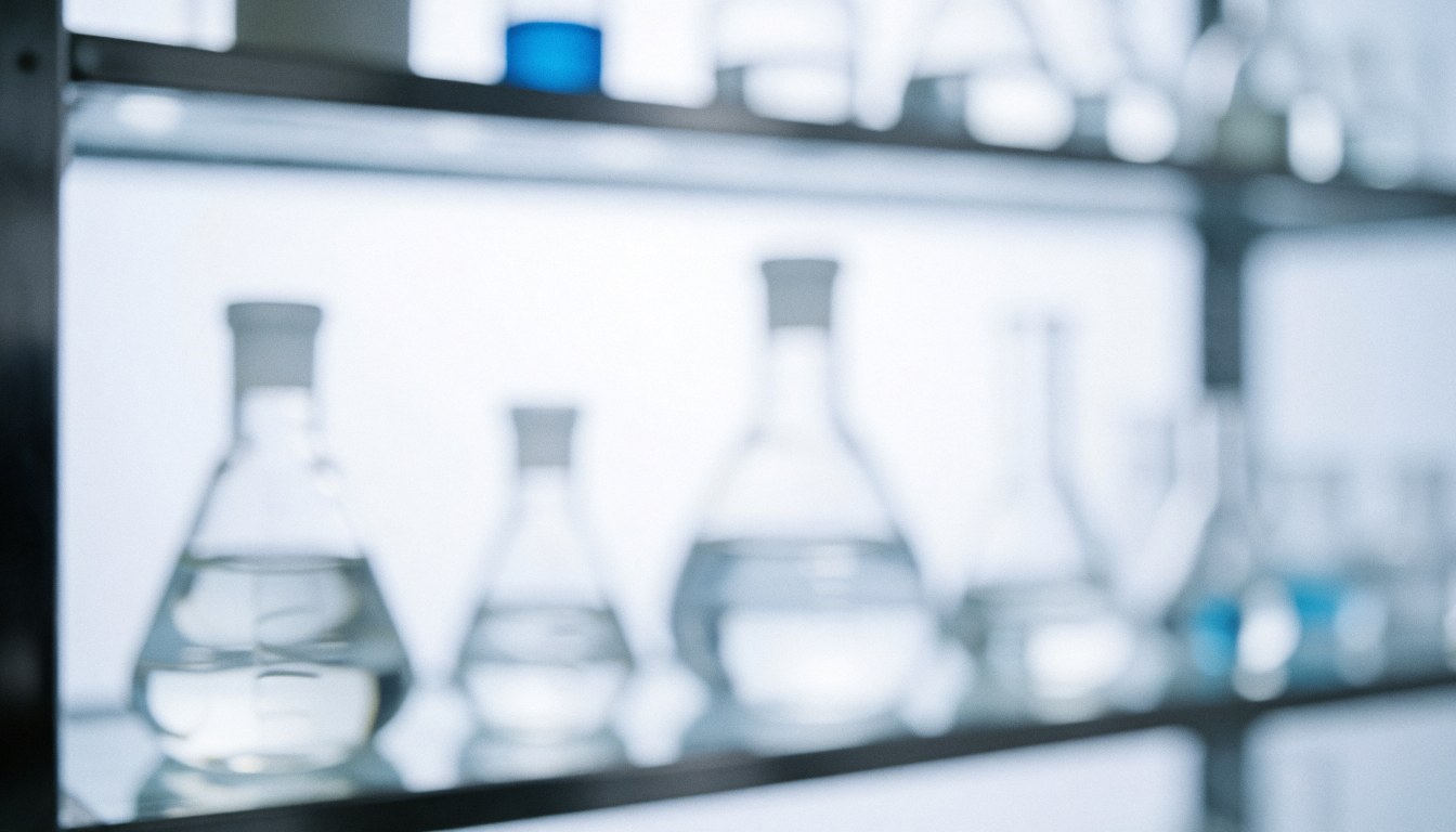 Out of focus glass jars on metal shelving with cool white light, suitable for corporate text backgrounds
