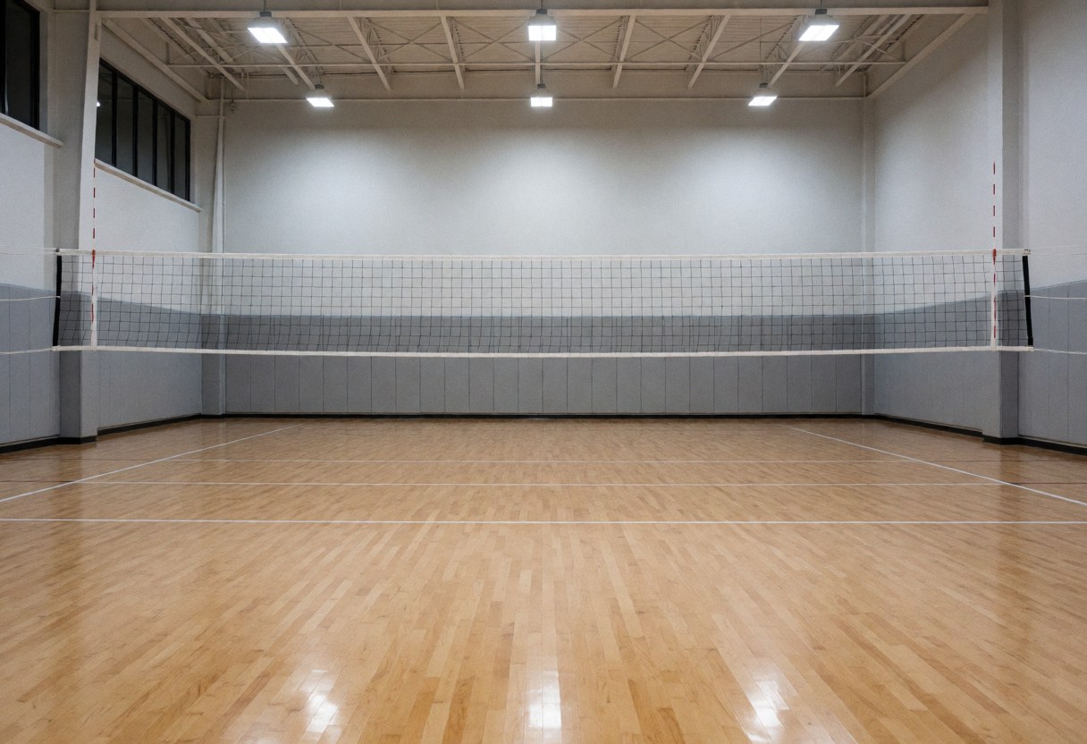 Empty indoor volleyball court featuring polished wooden flooring, a central net, and gray walls with safety zones, ideal for training.