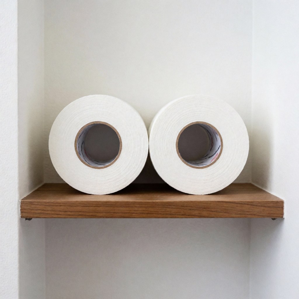 Two clean new rolls of white athletic tape placed on a wooden shelf against a white wall with bright uniform lighting