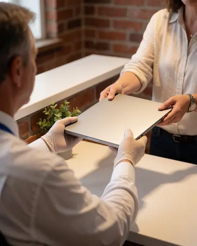 A technician wearing gloves accepts a laptop from a customer at a white counter with a red brick wall and small plant nearby