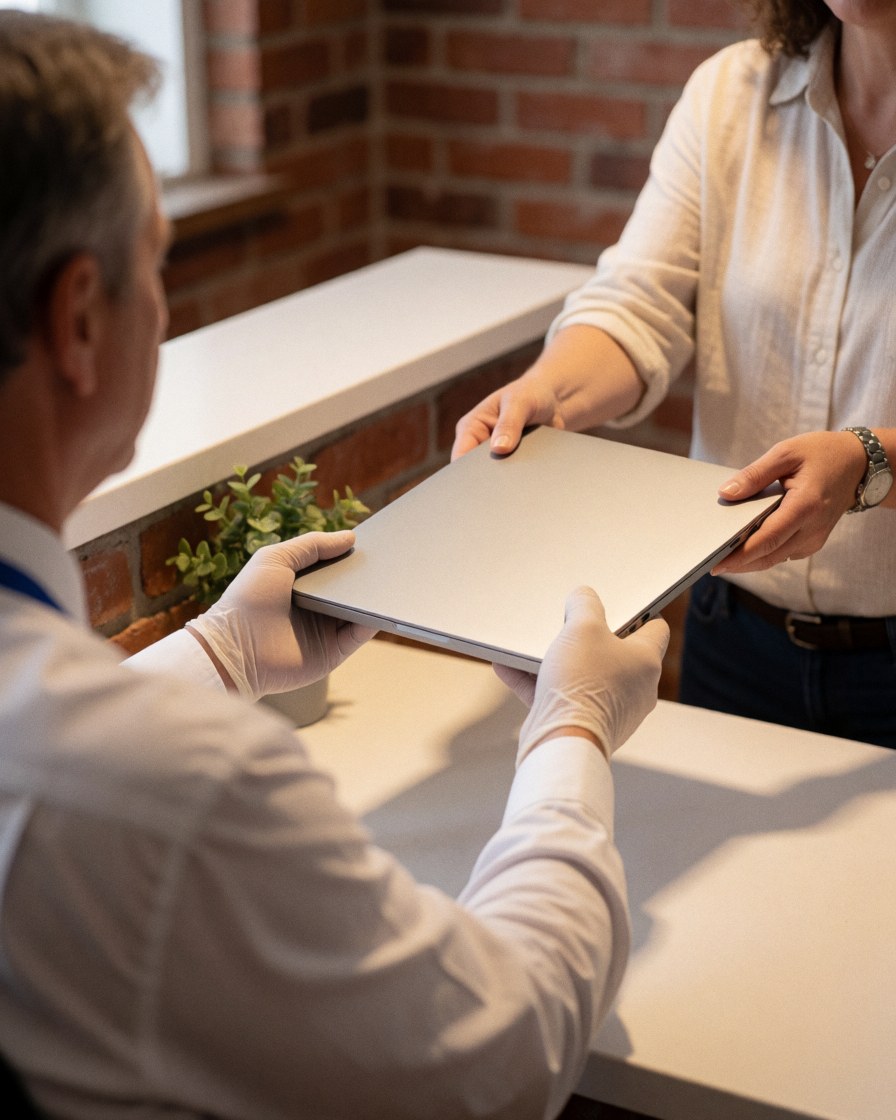 A technician wearing gloves accepts a laptop from a customer at a white counter with a red brick wall and small plant nearby
