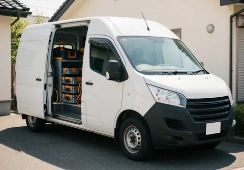 White work van parked on a residential street with side doors open, revealing organized garage door installation tools and equipment inside.