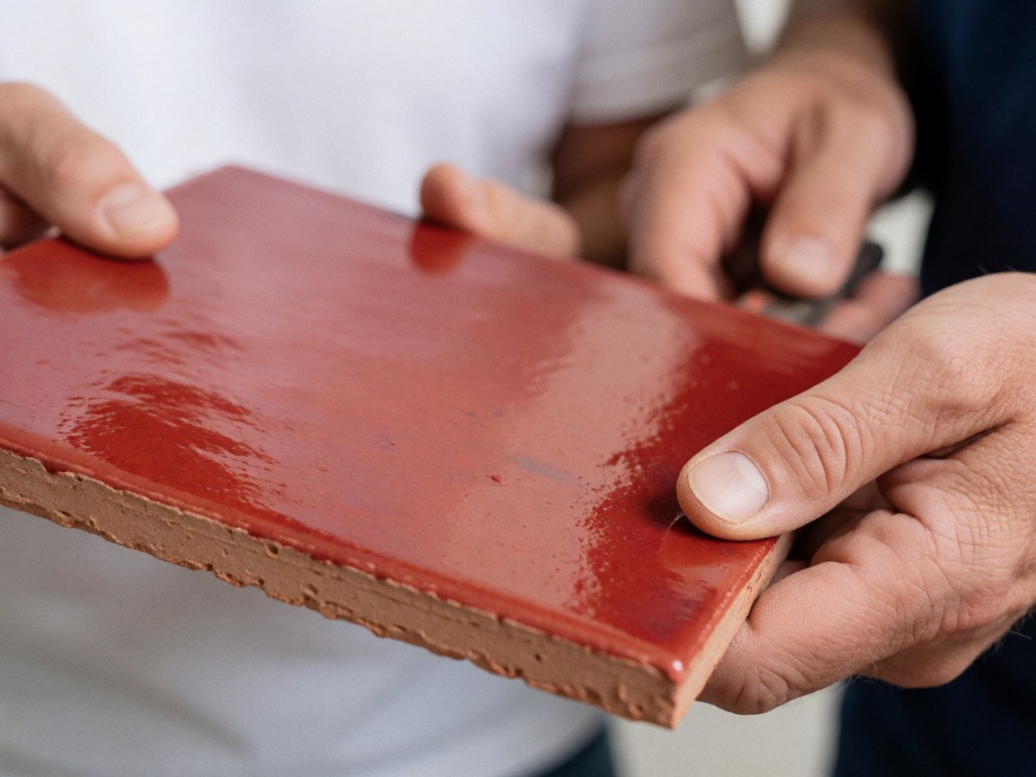 Close-up of hands holding a red glazed clay tile, showing the porous edge and textured surface of the roofing material.