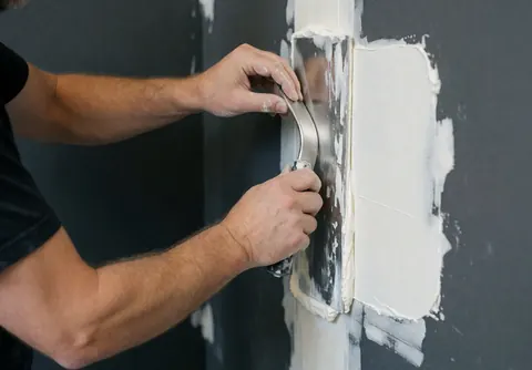 A professional applies white joint compound with a metal trowel onto a gray painted wall joint, showing the wall repair process.
