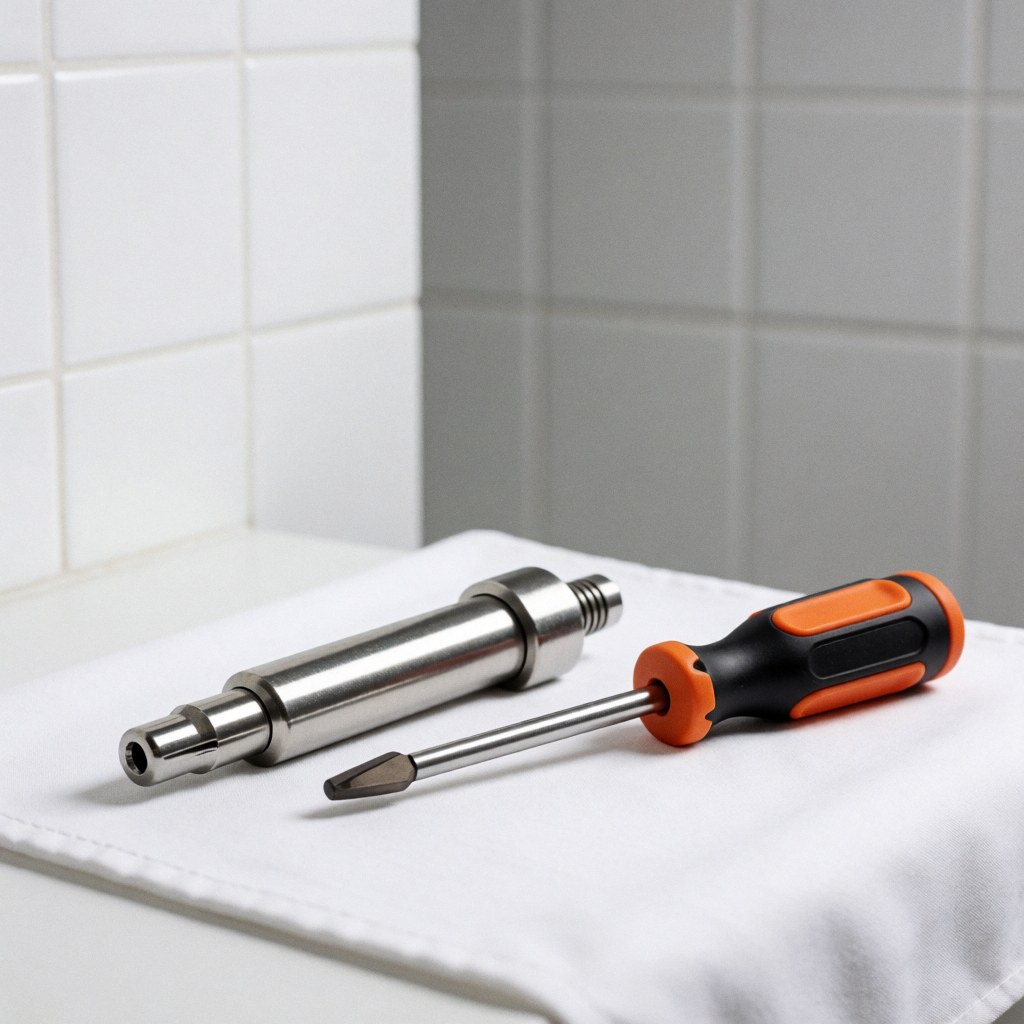 Orange-handled screwdriver and shiny metal pin on white cloth with gray and white tile background for appliance repair