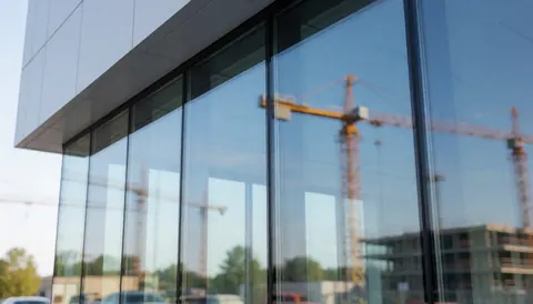 Modern clean glass surface reflecting construction cranes and blue sky, ideal background for window cleaning services and business advertising.