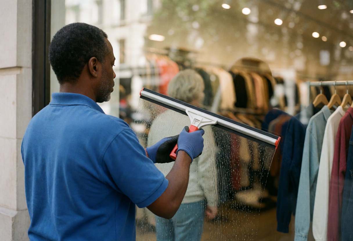 A worker wearing gloves uses a squeegee to clean a storefront window, with blurred clothes and interior lights visible in the background.