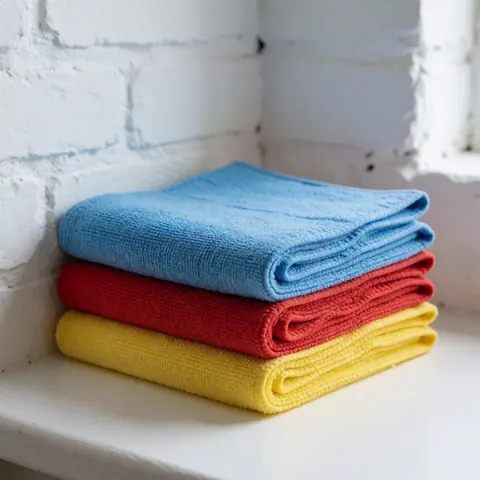 Folded blue, red, and yellow microfiber cleaning cloths stacked on a white surface against a white brick wall.