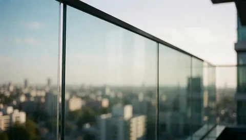 Clean transparent glass balcony background with a soft, blurred cityscape view, ideal for commercial text overlays. Natural light, no people or dirt visible.