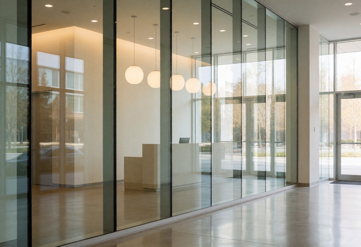Modern building entrance featuring glass walls, a minimalist reception desk, warm lighting, and polished floors creating a professional and clean atmosphere.