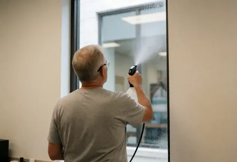 A worker from behind uses a spray bottle to apply cleaning solution to a glass window in a bright indoor setting.