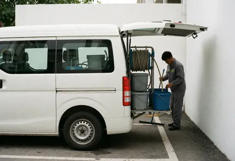 A worker in a gray uniform prepares cleaning tools near a white van with buckets and hoses in a parking lot with white walls.