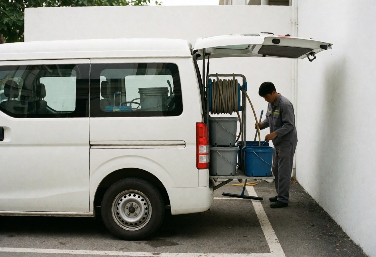 A worker in a gray uniform prepares cleaning tools near a white van with buckets and hoses in a parking lot with white walls.