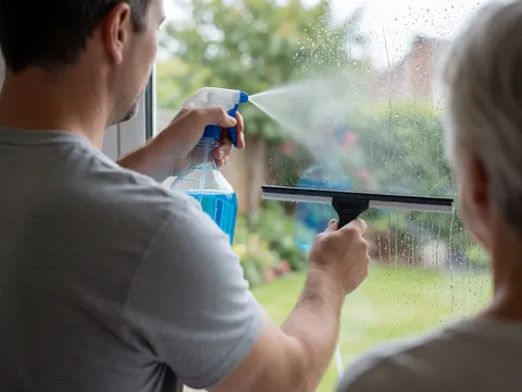 A man in a gray shirt sprays blue cleaner on a window while holding a squeegee, with another person watching in a garden.
