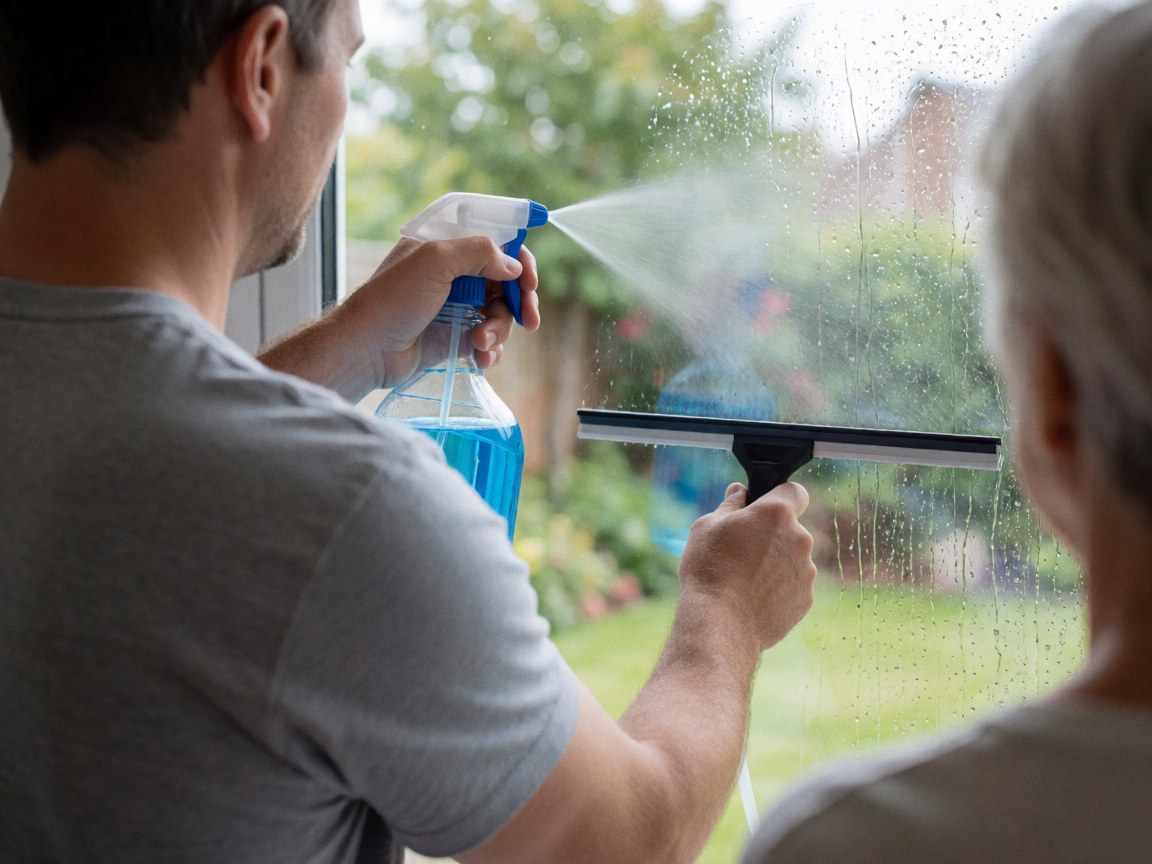 A man in a gray shirt sprays blue cleaner on a window while holding a squeegee, with another person watching in a garden.