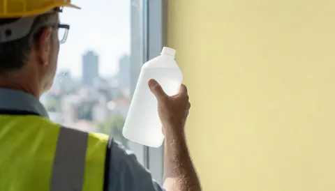 Worker wearing helmet and reflective vest cleaning a high window with a spray bottle against a blurred city background and yellow wall