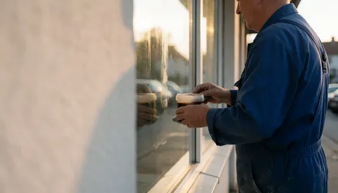 Worker in blue overalls applying wax to a store window with warm sunset light and reflections, leaving space for text on the left
