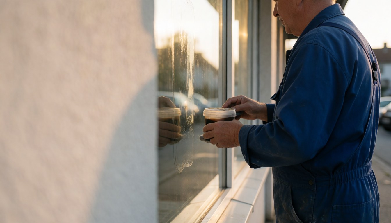 Worker in blue overalls applying wax to a store window with warm sunset light and reflections, leaving space for text on the left