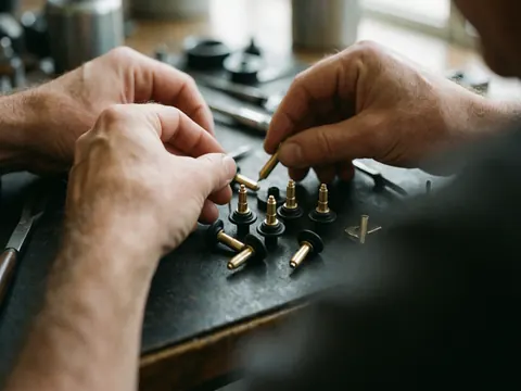 Close-up of mechanic hands assembling carburetor jets on a workshop table with tools and natural light