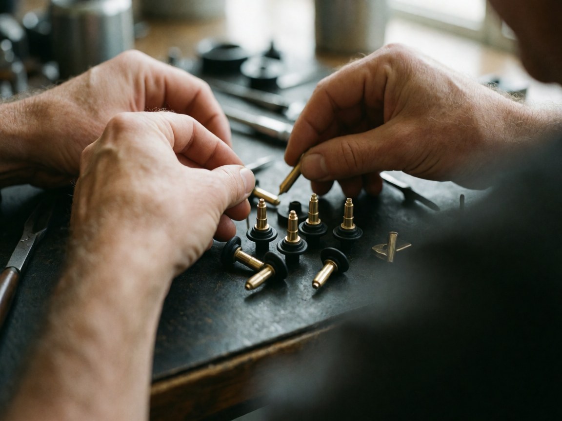 Close-up of mechanic hands assembling carburetor jets on a workshop table with tools and natural light