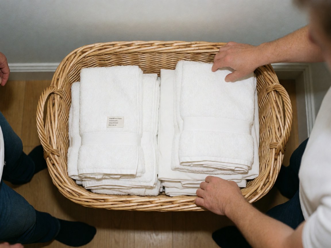Hands arranging folded white towels in a wicker basket on a light wood floor in a clean apartment hotel setting