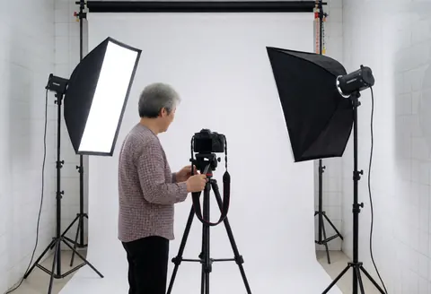 Graduation photographer adjusting a camera on a tripod in a studio with white background and lighting equipment ready for a session