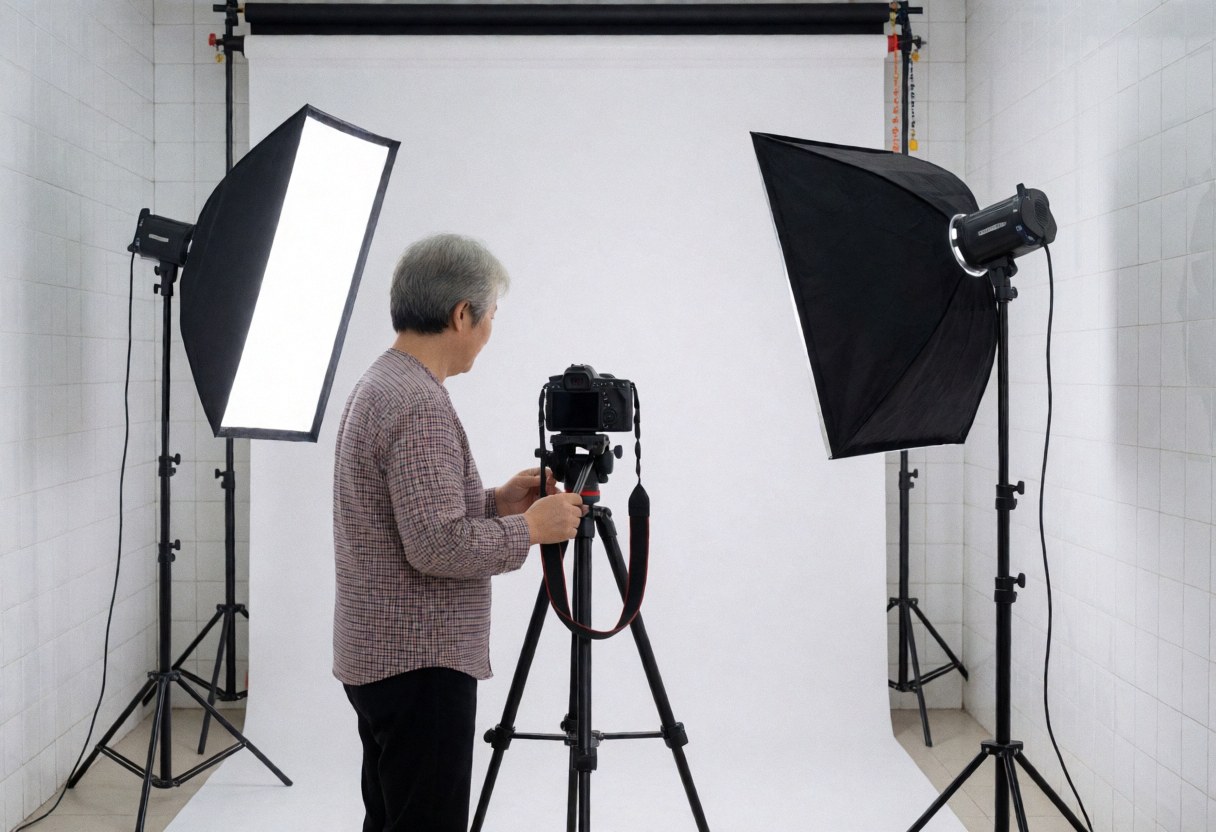 Graduation photographer adjusting a camera on a tripod in a studio with white background and lighting equipment ready for a session