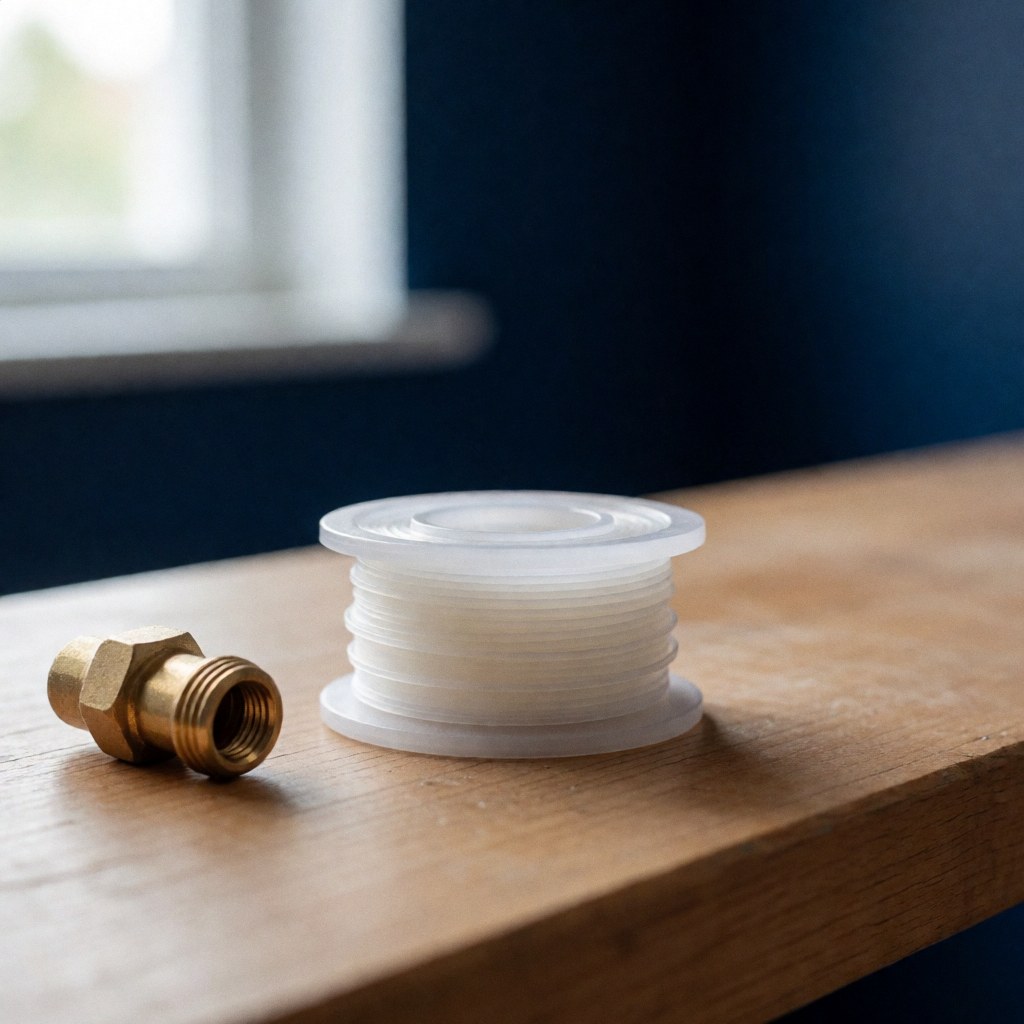 White teflon tape spool and brass fitting on a wooden table with natural window light and a blurred dark blue wall background