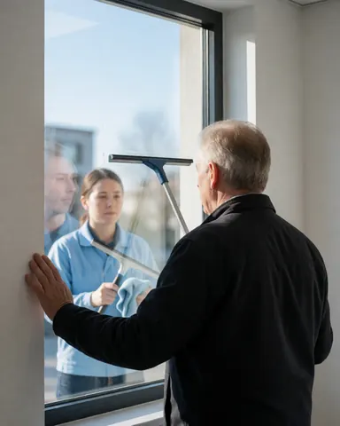 A business owner checks a clean window with a squeegee, wearing a blue uniform, in a modern office with natural light.