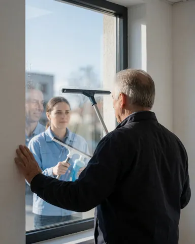 A business owner checks a clean window with a squeegee, wearing a blue uniform, in a modern office with natural light.