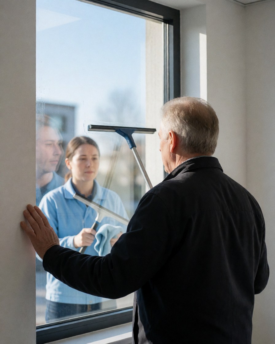 A business owner checks a clean window with a squeegee, wearing a blue uniform, in a modern office with natural light.