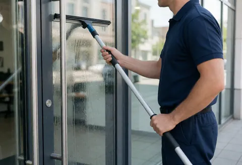Worker in blue uniform cleaning office window with long squeegee, morning light reflecting off wet glass showing professional cleaning process