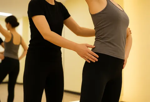 Dance instructor guides a student's posture by placing hands on hips in a studio with yellow walls and mirrors.