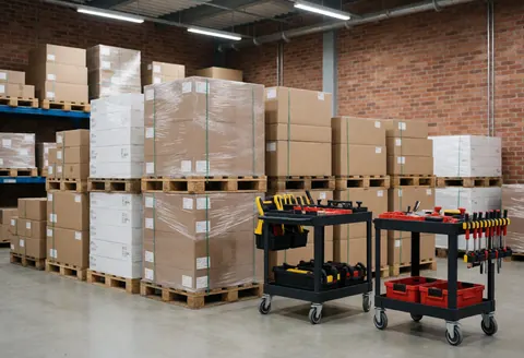 Industrial warehouse featuring wooden pallets, black wheeled tool carts, red brick walls, and ceiling lighting.