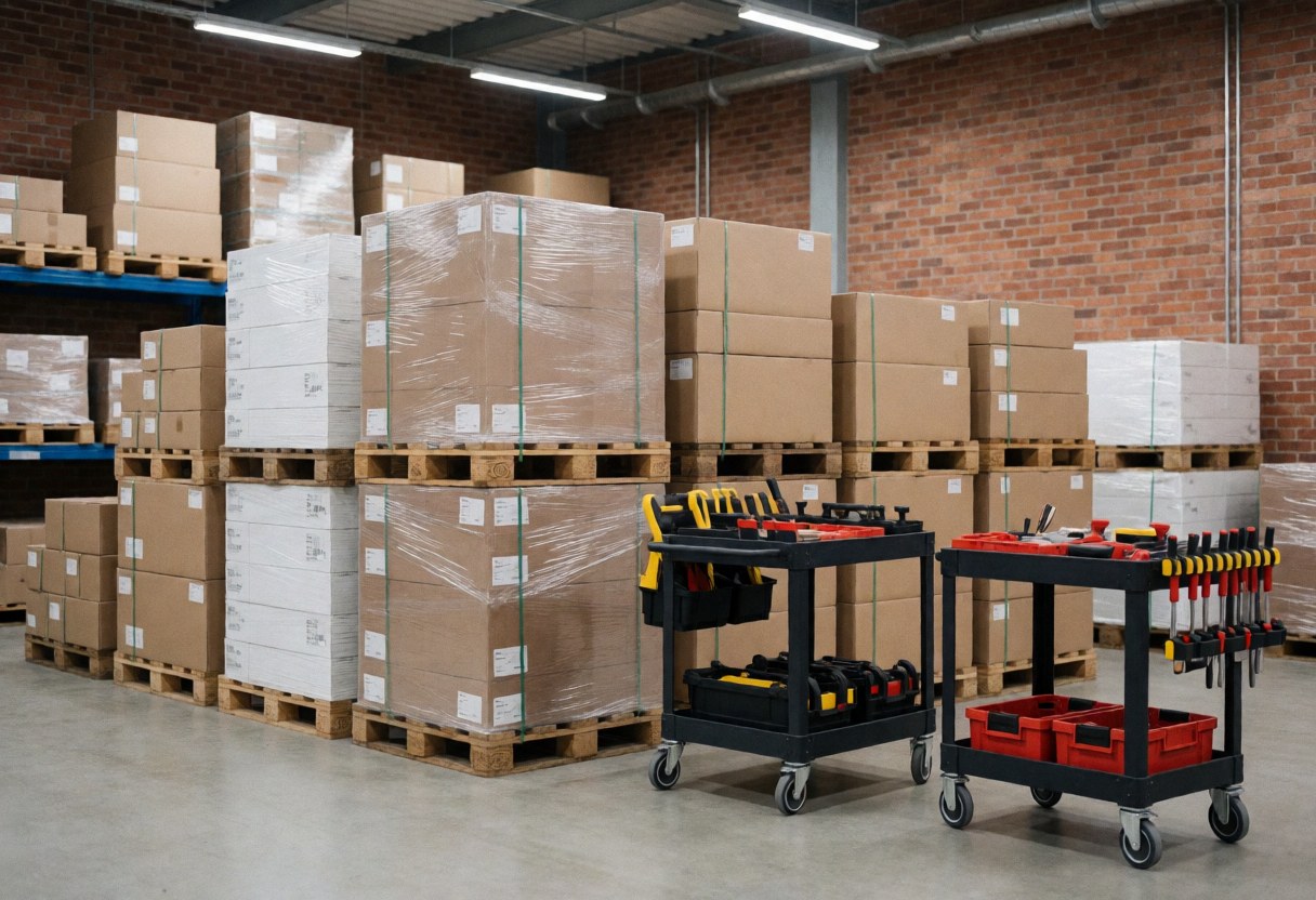 Industrial warehouse featuring wooden pallets, black wheeled tool carts, red brick walls, and ceiling lighting.