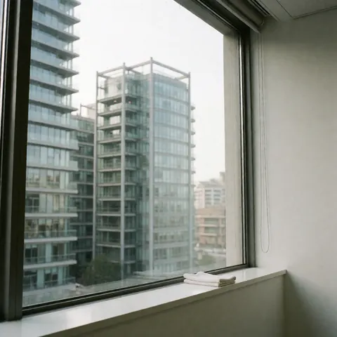 A clean, bright office window reflecting modern skyscrapers with a folded white towel on the sill and natural daylight.