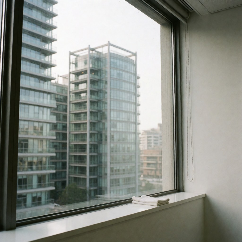 A clean, bright office window reflecting modern skyscrapers with a folded white towel on the sill and natural daylight.