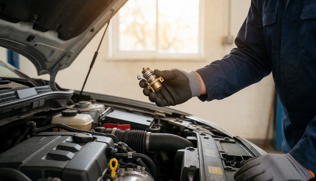 Mechanic holding a new engine thermostat near an open engine bay in a well-lit workshop ready for installation