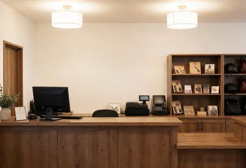 Reception area of an equestrian center featuring a wooden desk, computer, cash register, and shelves with riding accessories under warm lighting.