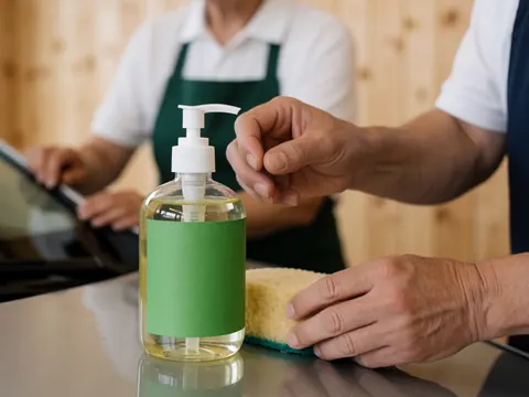 Hands using a sponge to apply biodegradable soap on a car surface, with a green bottle nearby on a natural wood background