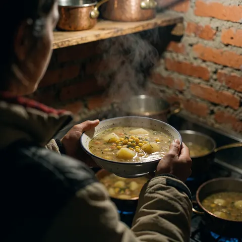 Person holding a bowl of hot soup with potatoes and corn in a rustic kitchen with brick walls and copper pots.