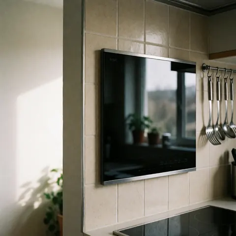 Modern wall-mounted induction stove with beige tiles and hanging stainless steel utensils, illuminated by natural window light