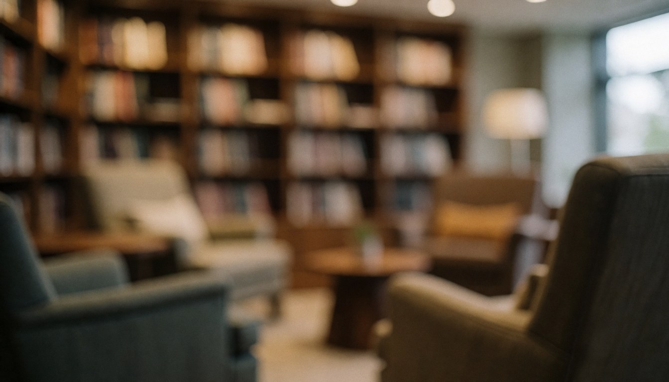 Warm blurred background of a reading room featuring armchairs and bookshelves, ideal for Spanish class text overlays