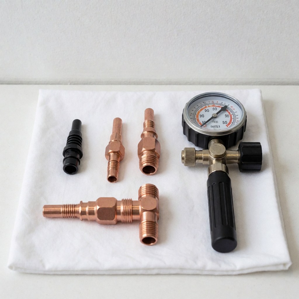 Refrigerator repair kit featuring copper valves, accessories, and a manometer arranged on a white cloth background for technical service catalogs.