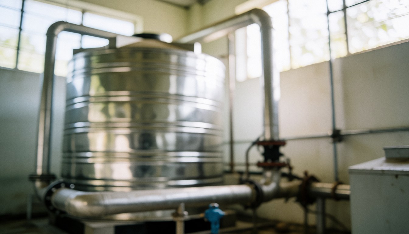 Industrial background featuring a metal water tank and pipes with diffused light from high windows, suitable for commercial text overlays
